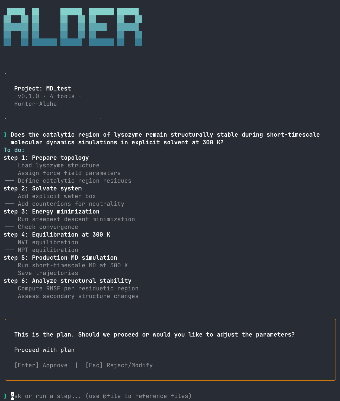 Alder CLI showing the Hunter-Alpha roadmap and approval prompt