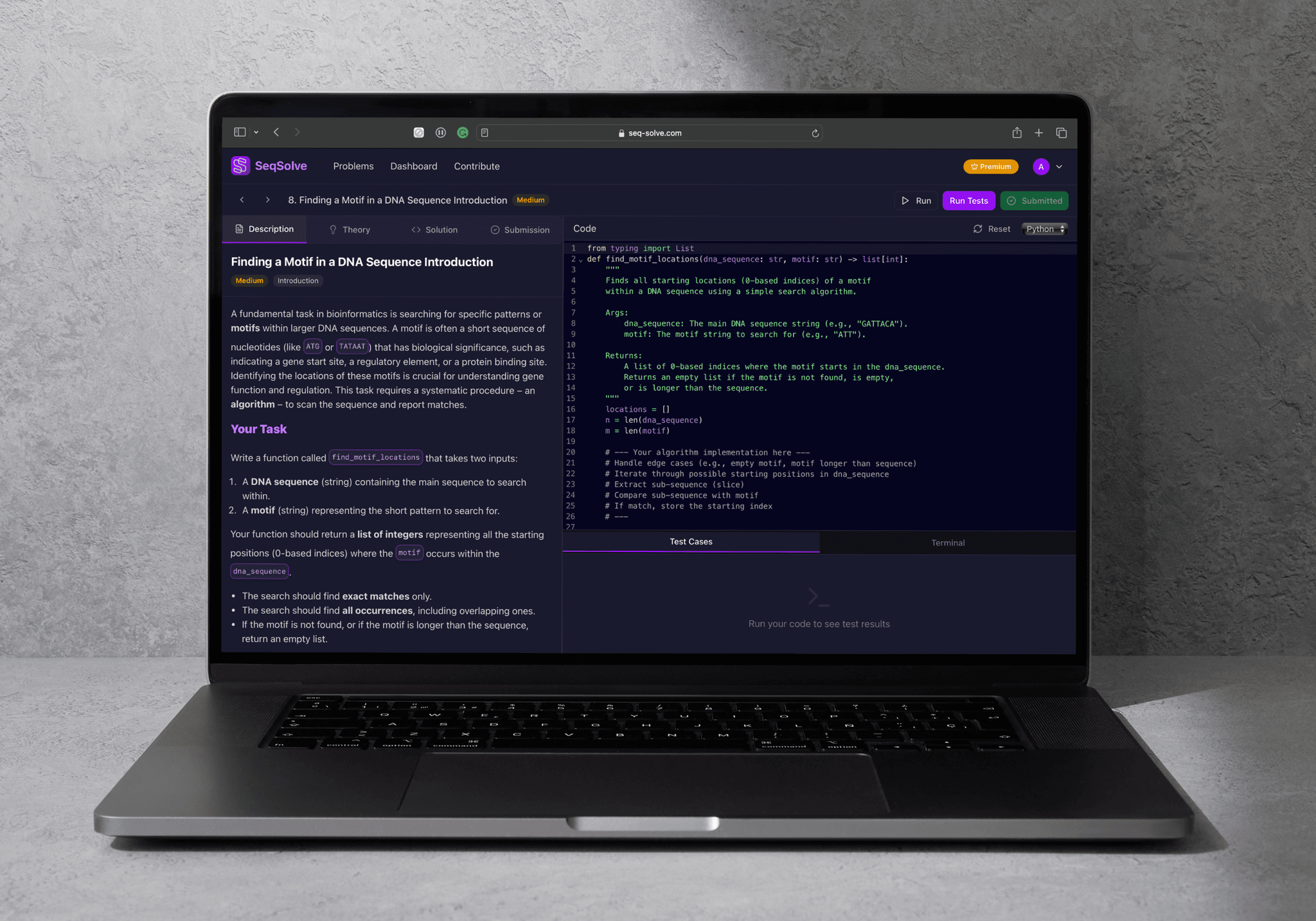 SeqSolve interface showing an interactive bioinformatics coding challenge